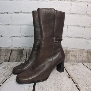 Worthington Midcalf Brown Leather Boots Square Toe Side Zip  Womens  7